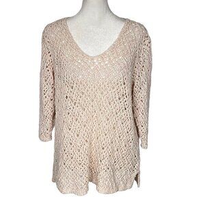 J JILL Women Crochet Pullover Sweater 3/4 Sleeve V Neck Sz L Light Pink Casual